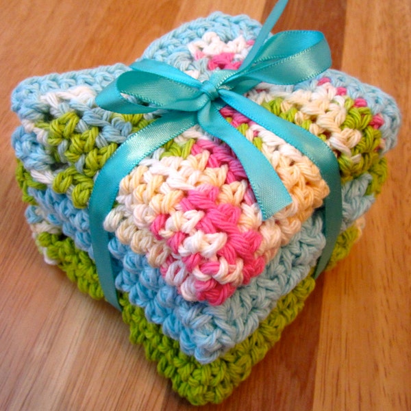 CROCHET DISHCLOTHS 100% Cotton in Green, Duck's Egg, and White 8" x 8"