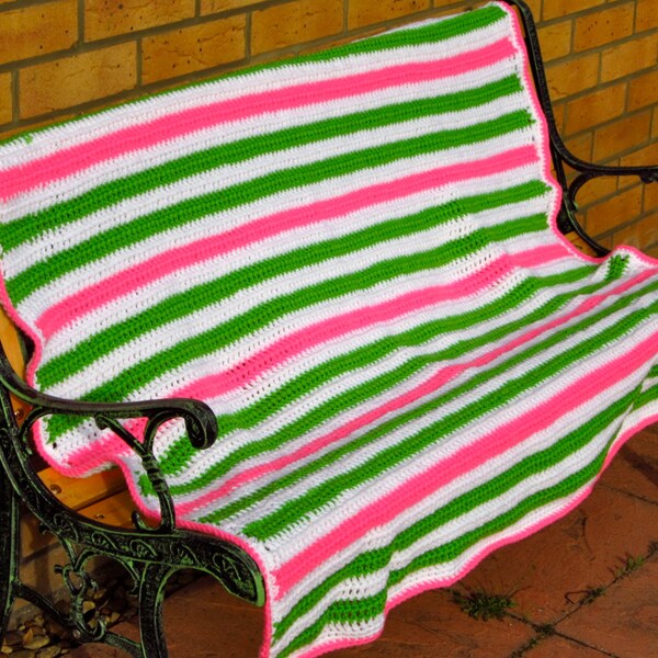 CROCHET BLANKET Afghan Throw in Pink and Grey Stripes Handmade 49" x 53"