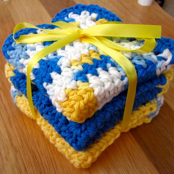 Reserved listing - CROCHET DISHCLOTHS 100% Cotton in Blue, Yellow and White 8" x 8"