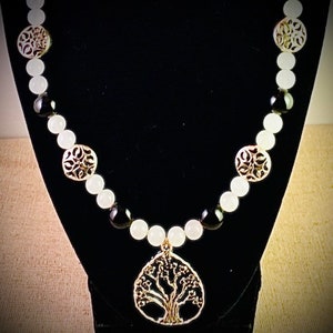Tree of Life Black jade and white snow quartz necklace