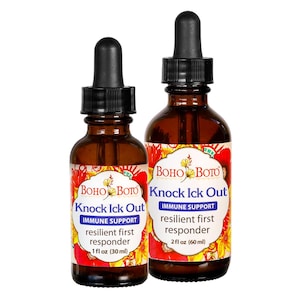 May include: Two amber glass bottles of "Knock Ick Out" immune support drops. Each bottle has a black dropper and a colorful label with text. One bottle is 1 fl oz (30 ml), the other is 2 fl oz (60 ml).