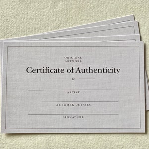 Eleganti carte di certificato di autenticità in lino compilabili per opere d'arte originali