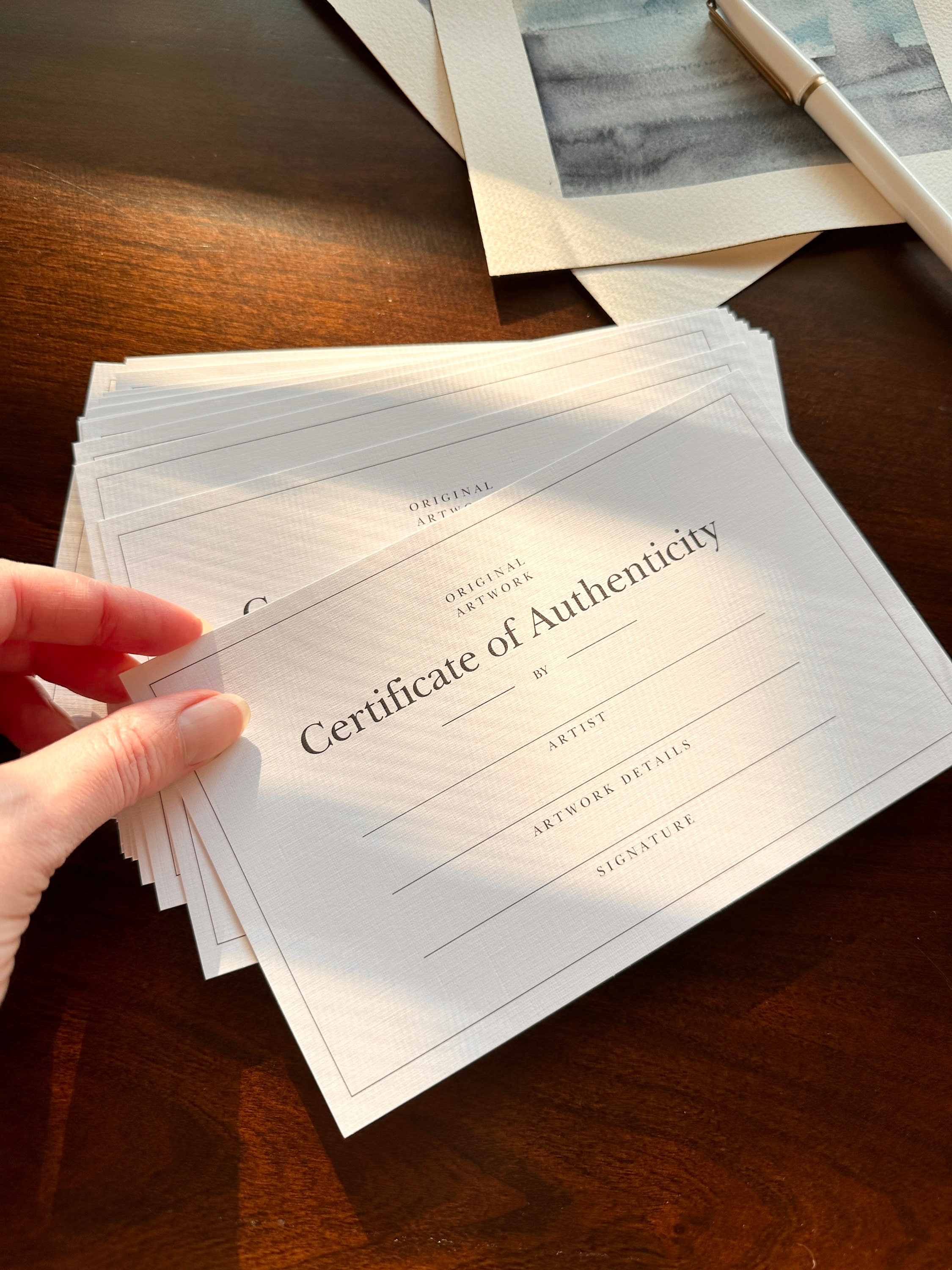 Elegant, Fillable Linen Certificate of Authenticity Cards for