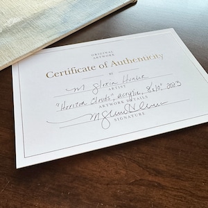 May include: Certificate of Authenticity for an original artwork titled "Horizon Clouds" by Gloria Hunter, created in acrylic on 8x10 inches canvas in 2023.