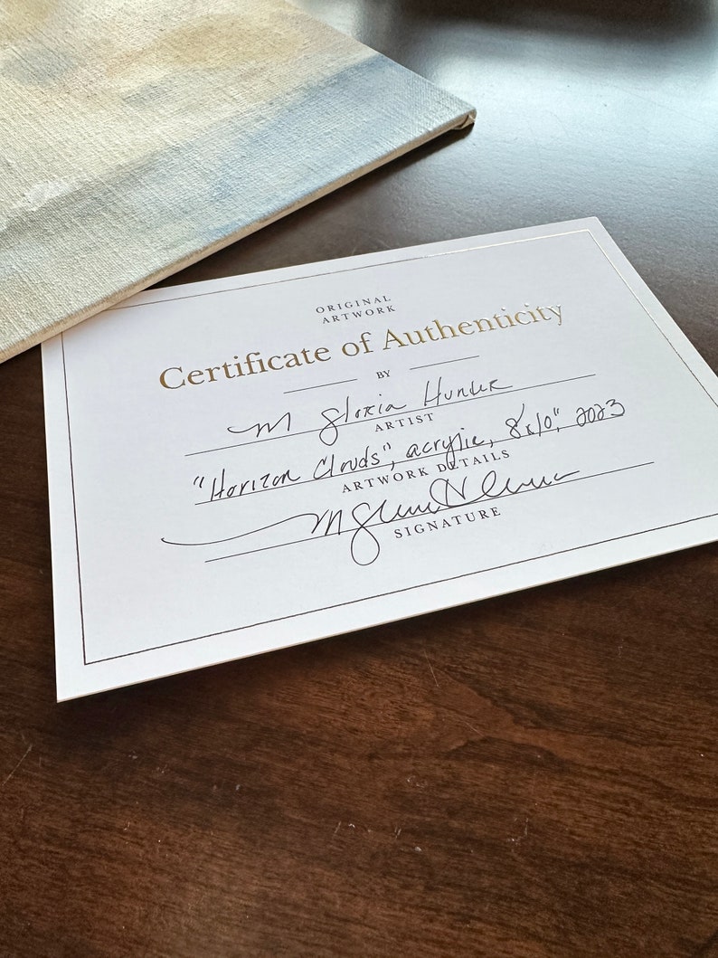 May include: Certificate of Authenticity for an original artwork titled "Horizon Clouds" by Gloria Hunter, created in acrylic on 8x10 inches canvas in 2023.