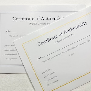 Cartões de Certificado de Autenticidade Simples e Preencháveis para Obras de Arte Originais