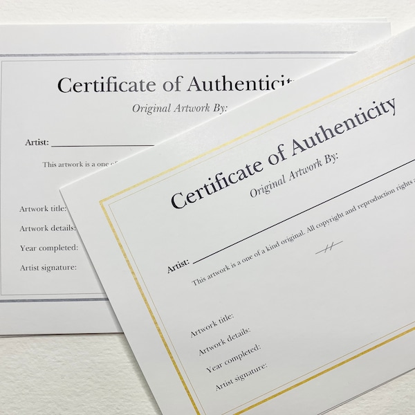 Simple, Fillable Certificate of Authenticity Cards for Original Artwork