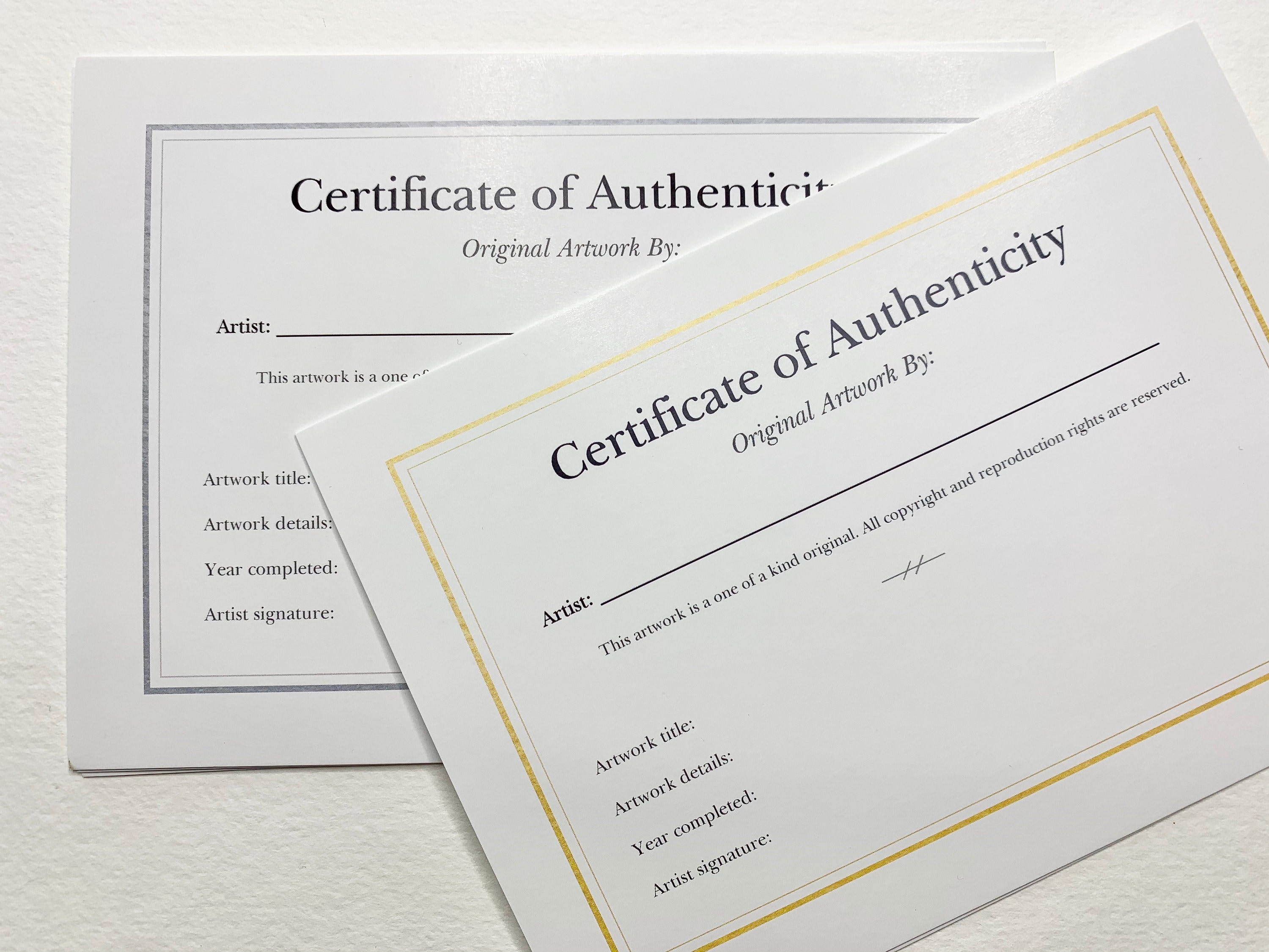 Simple Fillable Certificate of Authenticity Cards for 