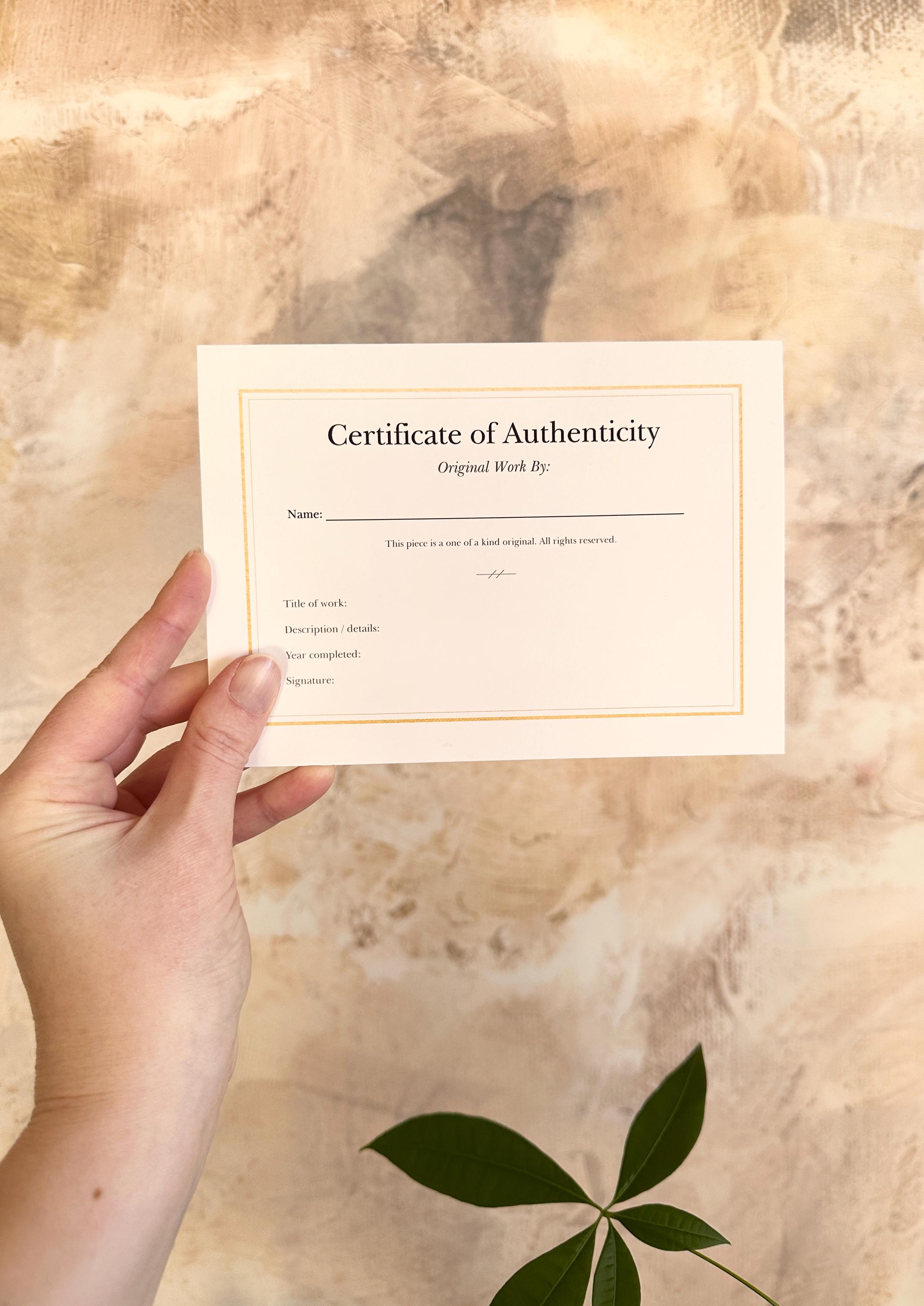 Certificate of Authenticity Cards for art, handmade, crafts and