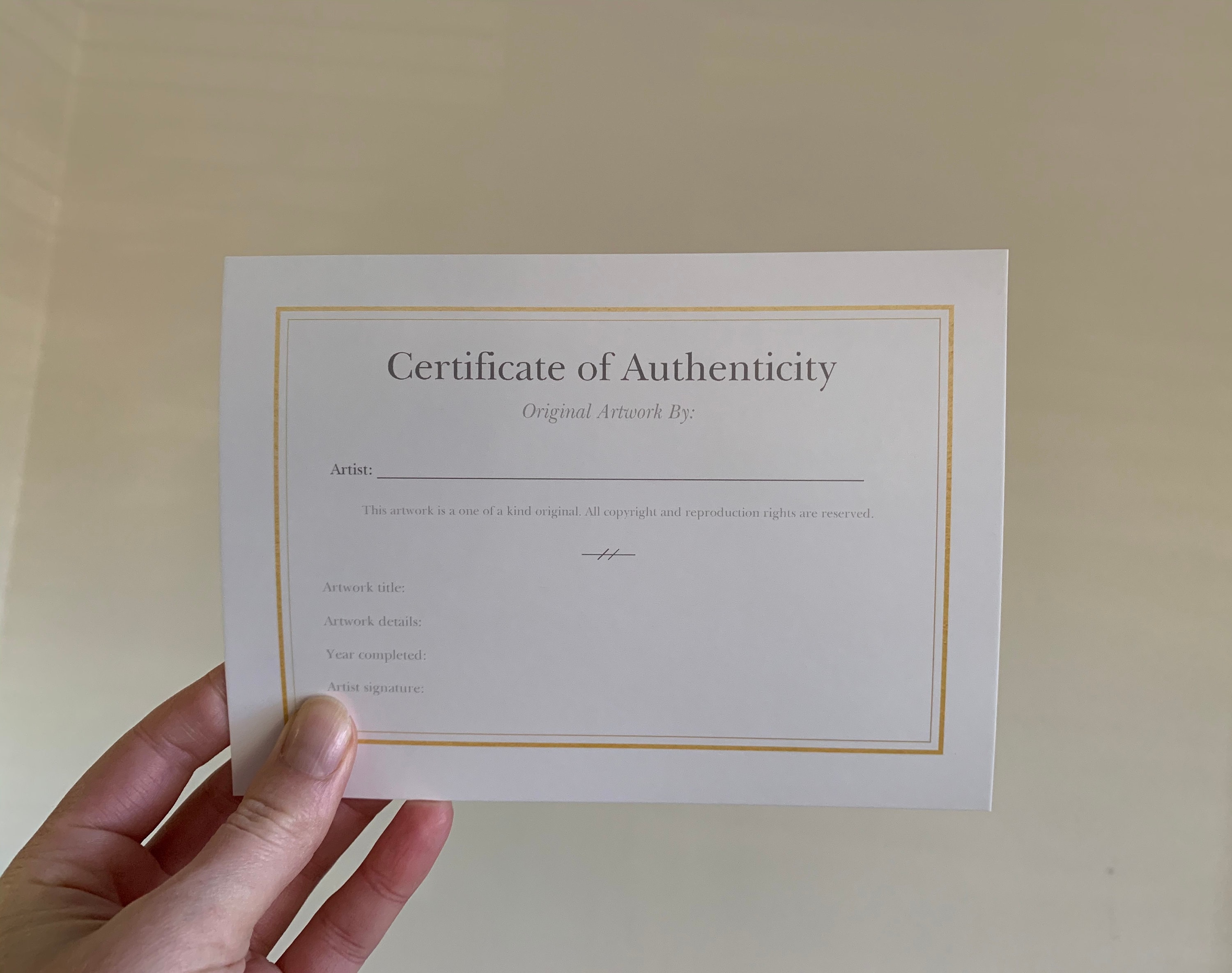 Simple, Fillable Certificate of Authenticity Cards for Original Artwork ...