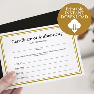 Modello di certificato di autenticità con stampa artistica in edizione limitata, stampabile con download istantaneo