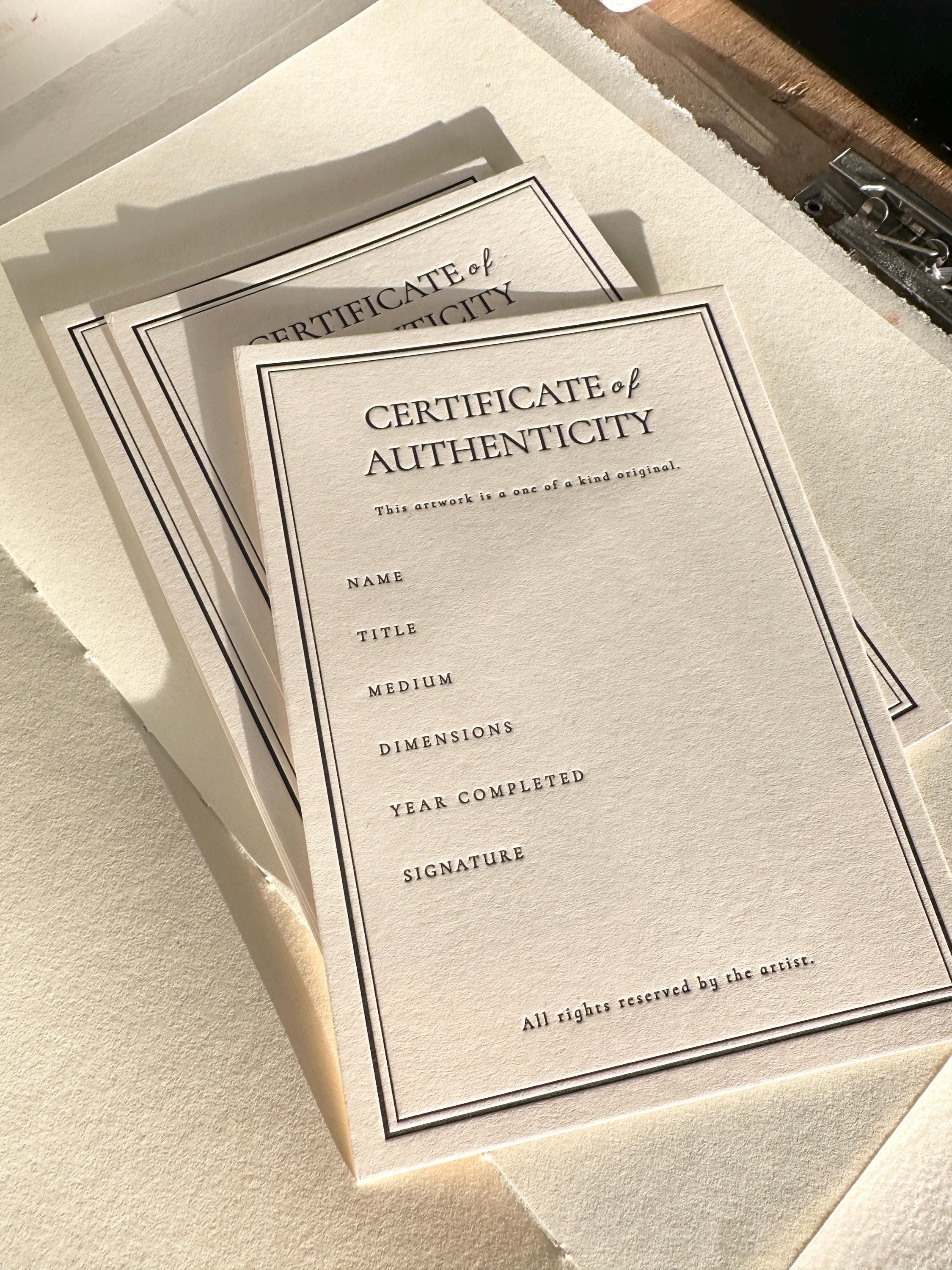 鯰江光二　CERTIFICATE OF AUTHENTICITY Letterpress Certificate of Authenticity Cards for Art | Set of 10