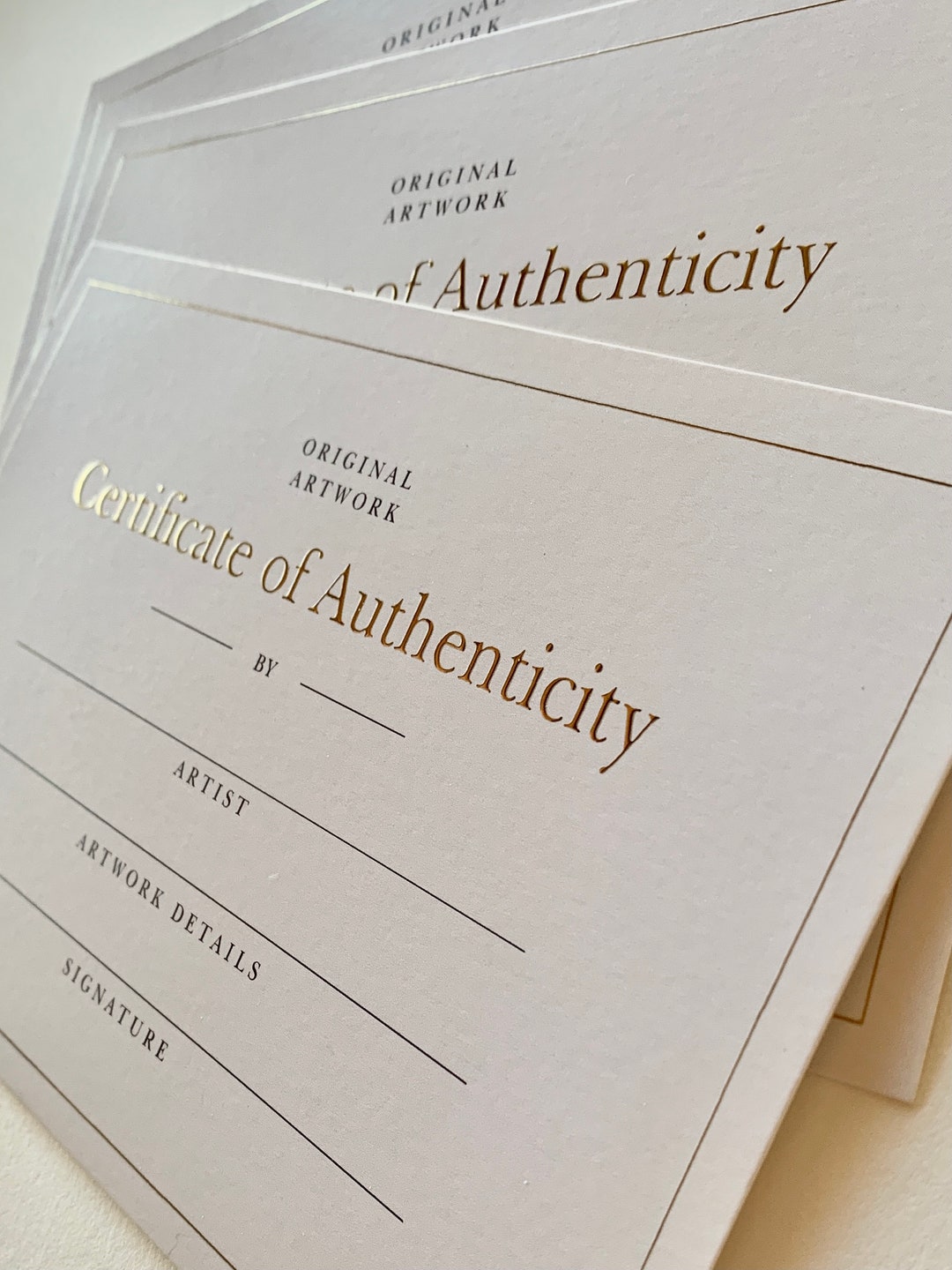 Luxurious, Fillable Gold Foil Certificate of Authenticity Cards