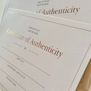 Lussuose carte di certificato di autenticità in lamina d'oro compilabili per opere d'arte originali