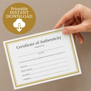 Modello di certificato di autenticità, download immediato stampabile, certificati artistici