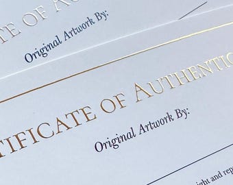 Certyfikat autentyczności ze złotą folią | Certyfikat autentyczności artysty, dokumentacja artystyczna 5x7