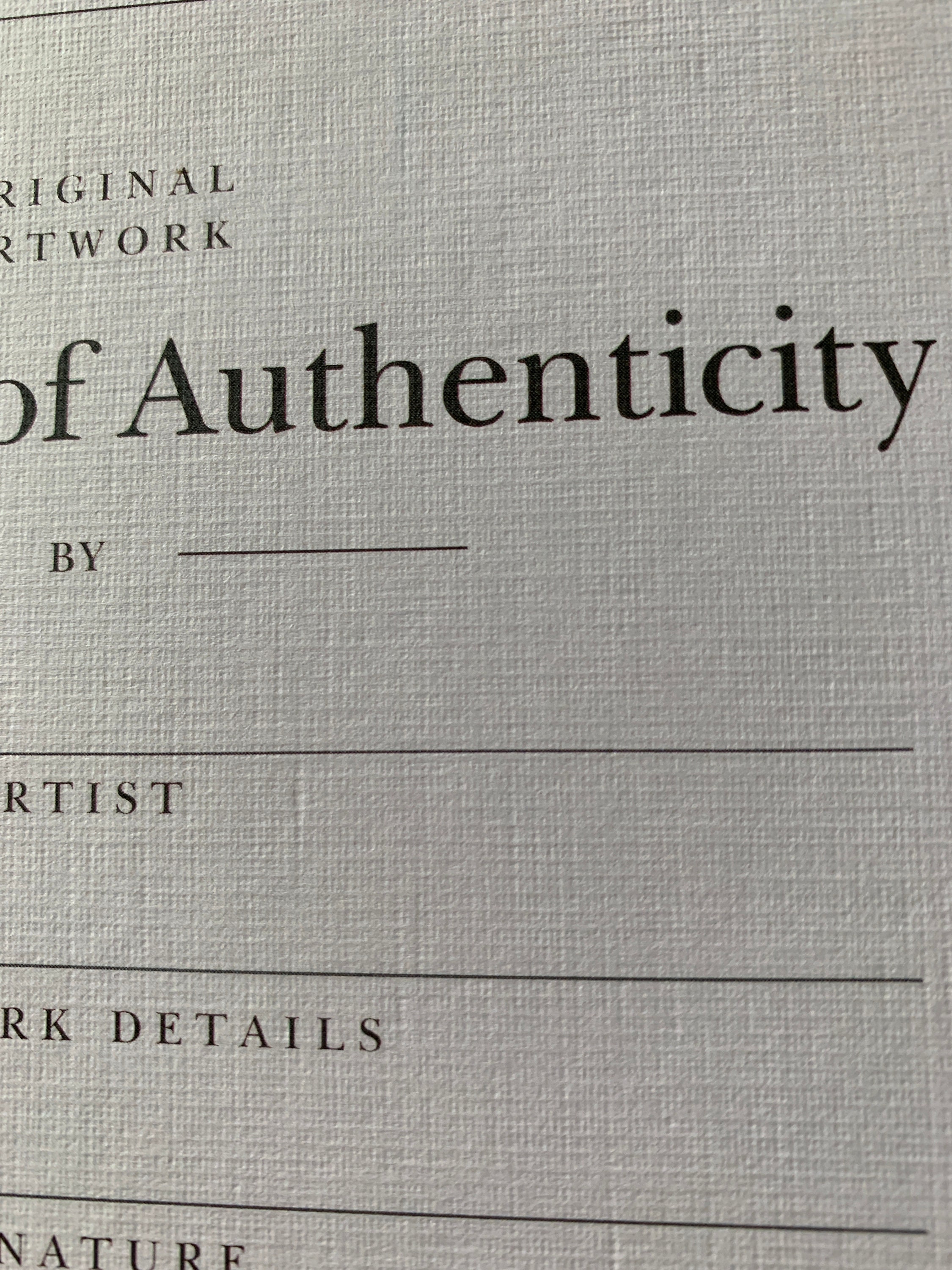 Elegant, Fillable Linen Certificate of Authenticity Cards for