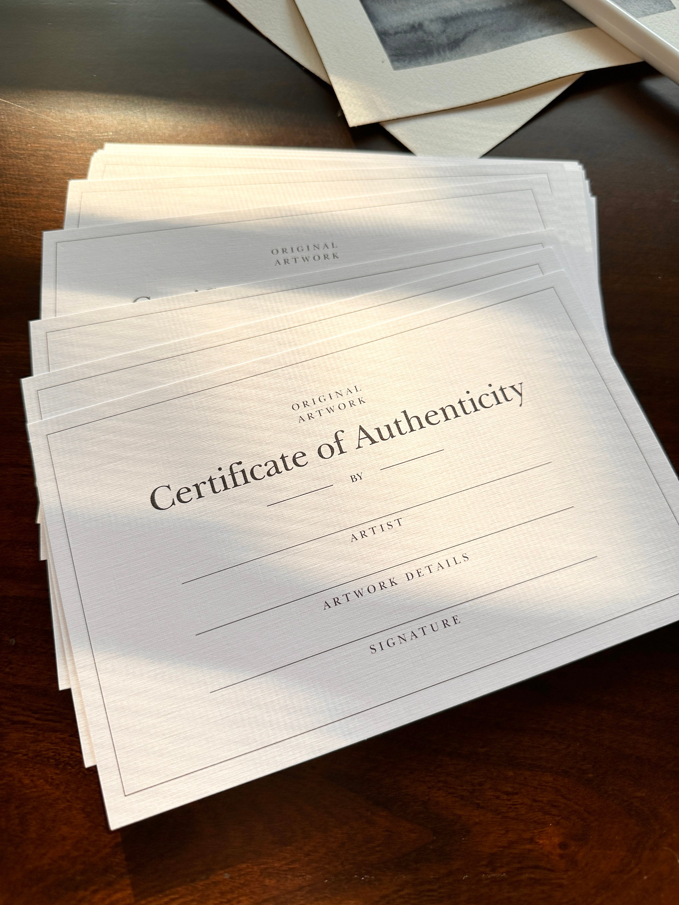 Elegant, Fillable Linen Certificate of Authenticity Cards for