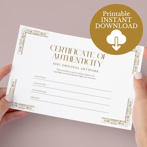 Certificate of Authenticity for Art, Instant Download Printable, Gold Template