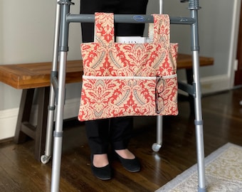 coral damask walker bag, walker tote, gift for grandma, adult walker bag, nursing home needs, walker accessories, walker bag for elderly