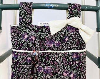 purple floral walker bag, walker tote, gift for grandma, adult walker bag, pretty walker tote, gift for seniors, walker bag for elderly