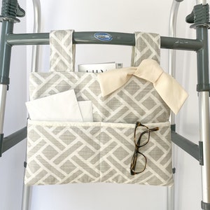 stylish walker bag, walker tote, elegant gray and white walker bag, nursing home needs, walker accessories, walker bag for elderly