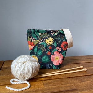 Black floral Rifle Paper co yarn ball bag with handle for knitters