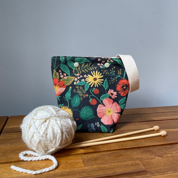 Black floral Rifle Paper co yarn ball bag with handle for knitters