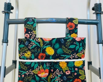 Rifle Paper Co fabric walker bag, feminine bag for walker, walker caddy, rollator walker bag with pockets, Christmas gift for grandmother