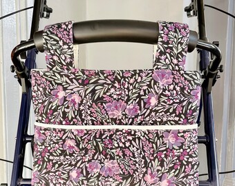 purple floral walker bag, rollator walker tote, gift for grandma, adult walker bag, pretty walker tote, gift for seniors, bag for elderly