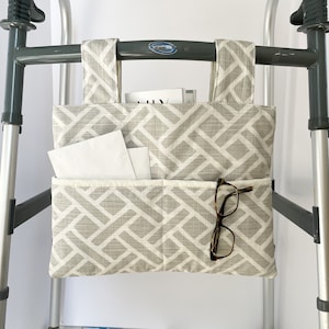 Gender neutral walker tote, elegant gray and white walker bag, nursing home needs, walker accessories, Joint replacement gift