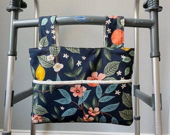 NEW Navy Rifle Paper Co fabric walker bag, feminine bag for walker, rollator walker bag with pockets, Mother’s Day gift for grandma