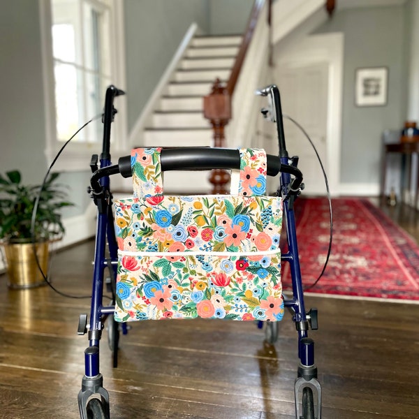 Mother’s Day gift for grandma, hip replacement gift, Rifle paper co bag, stylish rollator bag, pretty pink adult walker caddy