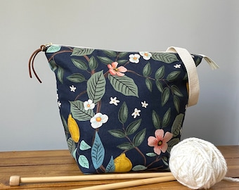 NEW! XL knitting project bag in navy Rifle Paper co fabric