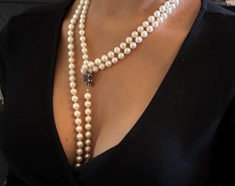 Vintage Real saltwater Akoya Pearl Rope Necklace Silver Marcasite Clasp - N011