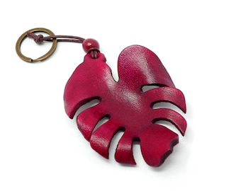 Monstera Leaf Key Fob | Tropical Leaves Pendant | Sustainable Leather Keychain | Dark Berry Red Keyring | Floral Lanyard | New Home Gift