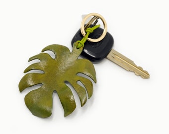 Monstera Leaf Key Fob | Tropical Leaves | Leather Keychain | Green Keyring or Lucky Charm Pendant | Botanical Lanyard | New Home Gift