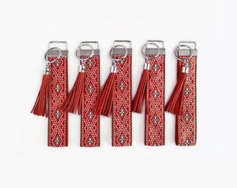 Red Wristlet Keychain with Glitter Tassel | Bohemian Style Wrist Key Chain | Car Key Lanyard | Cute Birthday or Housewarming Gift for Her