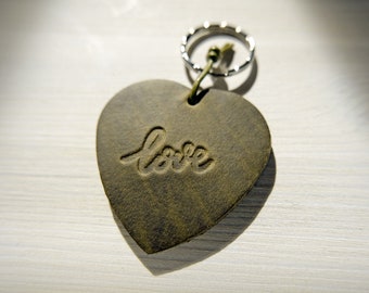 Khaki Leather Key Fob »Love« | Heart-shaped Keychain with love engraved | Embossed Keyring with hand tooled imprint | Cute Gift for Lovers