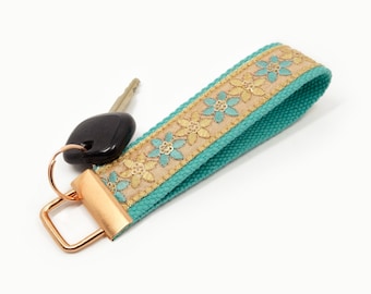 Floral Keychain Wristlet with Embroidery | Cute Robin's Egg Blue Lanyard | Birthday or Housewarming Gift for Sister or Best Friend