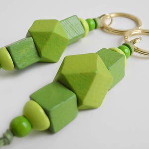 Beaded Lanyard made from green wood beads Hex Keychain Wood Bead Key Fob Geometric Purse Charm Cute Hexagonal Keyring, Bag Accessory image 4