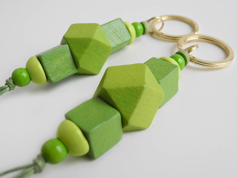 Beaded Lanyard made from green wood beads Hex Keychain Wood Bead Key Fob Geometric Purse Charm Cute Hexagonal Keyring, Bag Accessory image 4