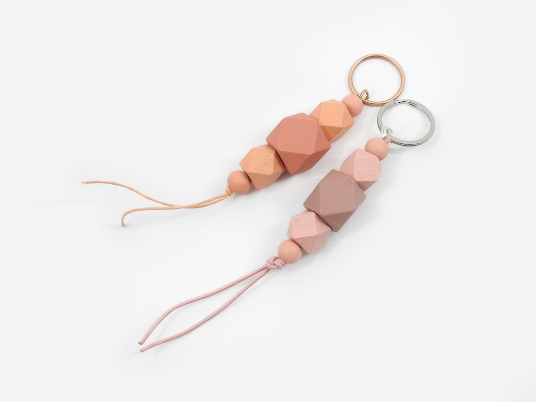 Powder Key Chain Rose Gold or Powder Pink Keychain With Wood Beads | Salmon Pink Ladies ...