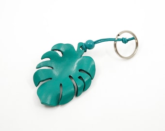 Monstera Leaf Key Fob | Tropical Leaves | Leather Keychain | Teal Keyring | Floral Lanyard | New Home Gift