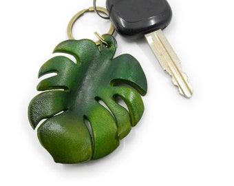 Monstera Leaf Key Fob | Tropical Leaves | Leather Keychain | Green Keyring | Floral Lanyard | New Home Gift