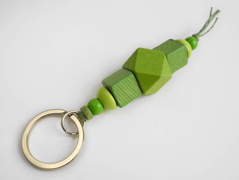 Beaded Lanyard made from green wood beads Hex Keychain Wood Bead Key Fob Geometric Purse Charm Cute Hexagonal Keyring, Bag Accessory image 3