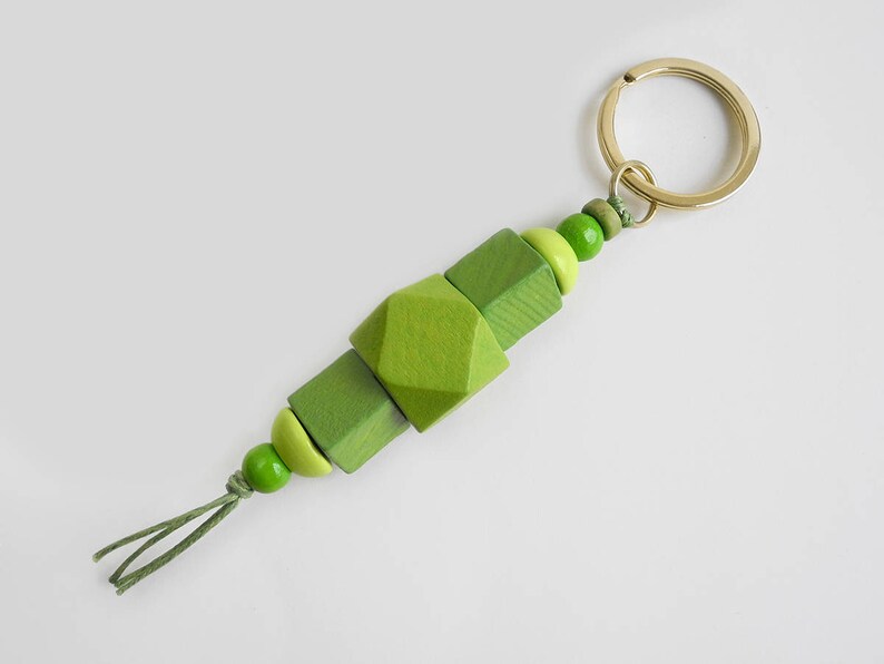 Beaded Lanyard made from green wood beads Hex Keychain Wood Bead Key Fob Geometric Purse Charm Cute Hexagonal Keyring, Bag Accessory image 5