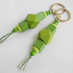 Beaded Lanyard made from green wood beads Hex Keychain Wood Bead Key Fob Geometric Purse Charm Cute Hexagonal Keyring, Bag Accessory image 1