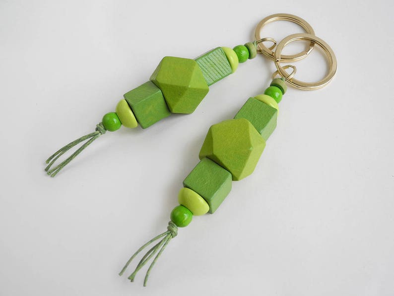 Beaded Lanyard made from green wood beads Hex Keychain Wood Bead Key Fob Geometric Purse Charm Cute Hexagonal Keyring, Bag Accessory image 1