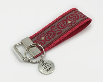 Short Fabric Keychain with Charm | Red Boho Key Fob | Birthday or New Home Gift for Her | Car Key Fob Lanyard | Co-worker Colleague Present
